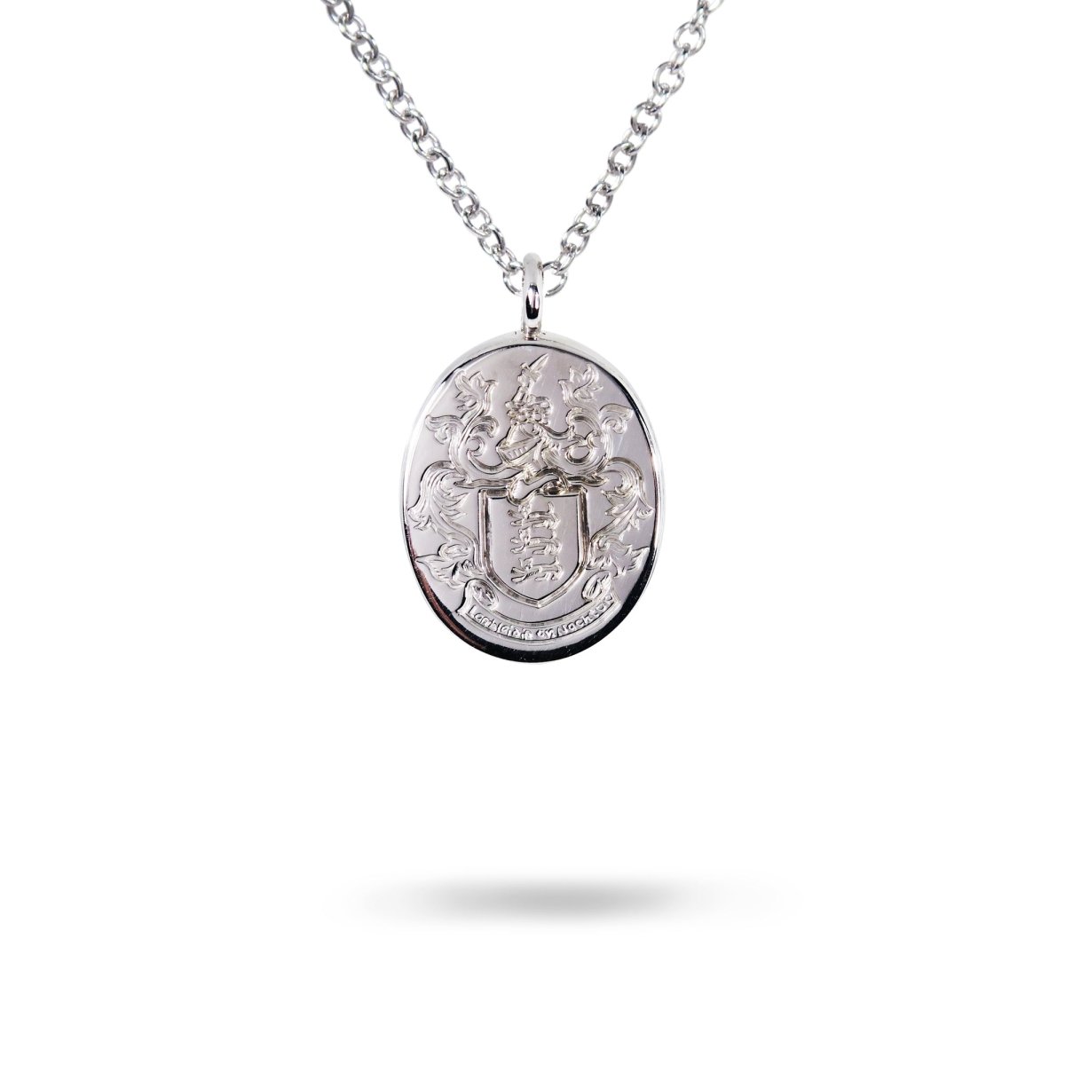 HAND ENGRAVED FAMILY CREST PENDANT CHARM IN WHITE GOLD -