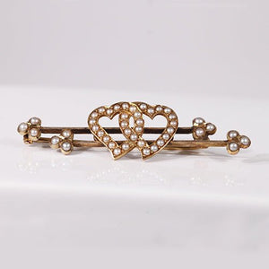 14K ANTIQUE DOUBLE HEART BROOCH WITH SEED PEARLS - ESTATE & VINTAGE JEWELLERY