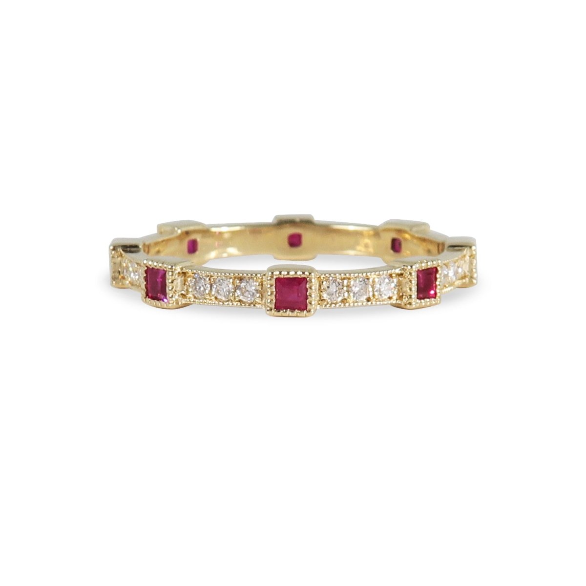 SQUARE CAROUSEL FULL ETERNITY RUBY & DIAMOND WEDDING BAND IN YELLOW GOLD - ANNIVERSARY & CELEBRATION RINGS