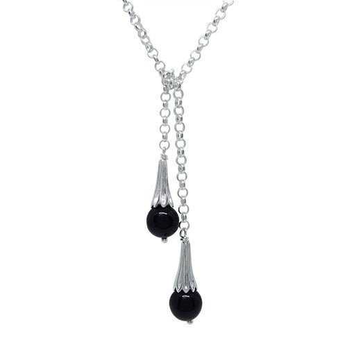 STERLING SILVER LARIAT WITH ONXY DROPS - NECKLACES