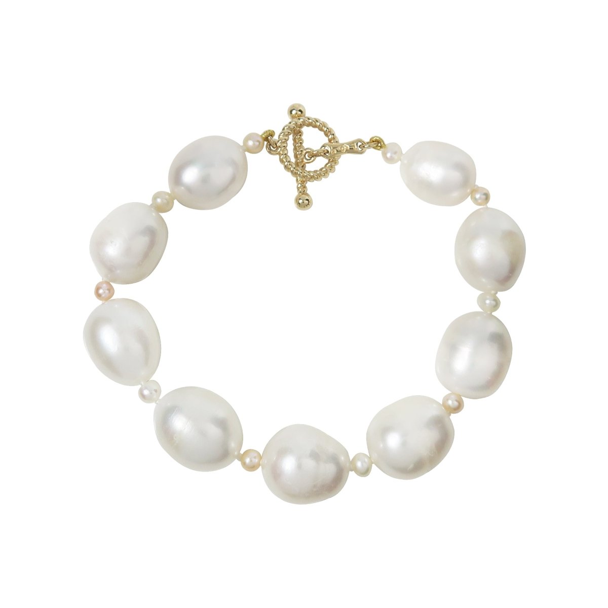 WHITE FRESHWATER PEARL BRACELET WITH 14K YELLOW GOLD ROPE TOGGLE CLASP -