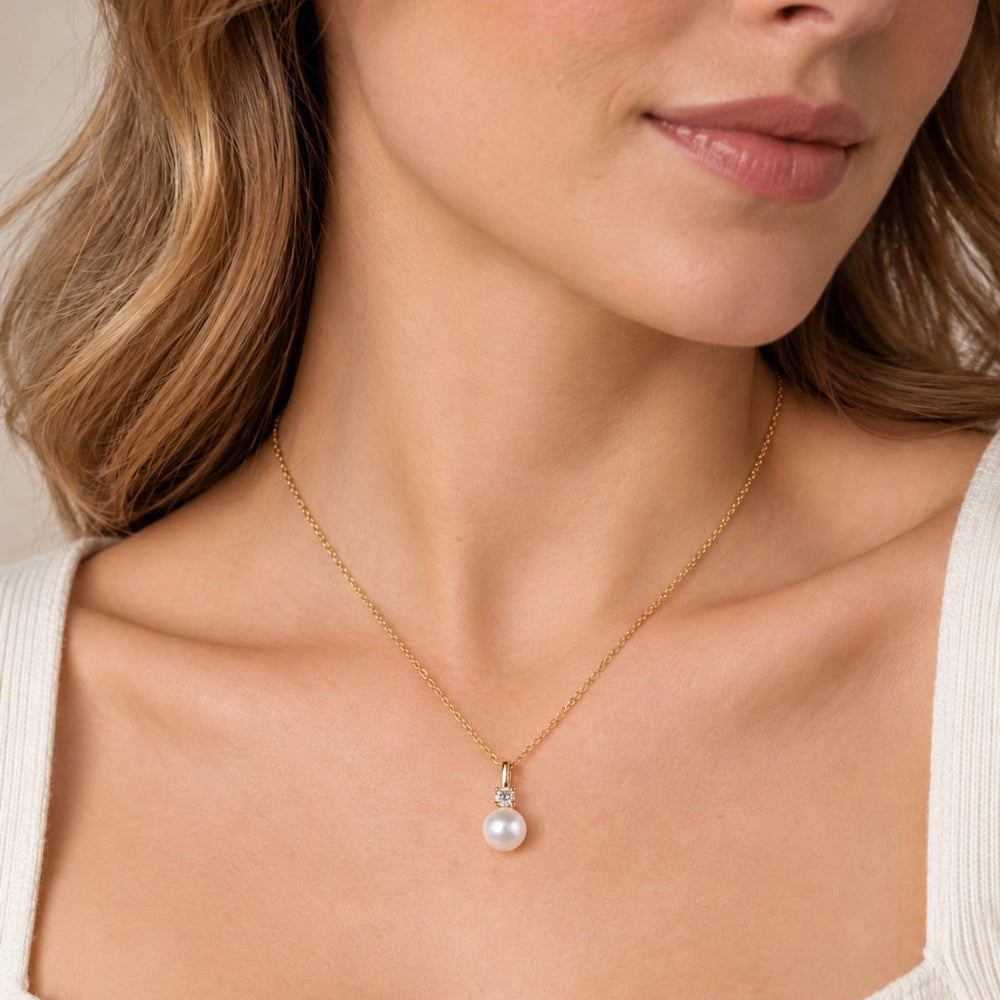 FRESH WATER PEARL WITH DIAMOND DROP NECKLACE IN 14K WHITE GOLD - NECKLACES