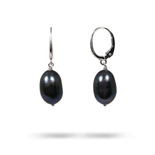 BLACK BAROQUE FRESHWATER PEARL DROP EARRINGS WITH WHITE GOLD