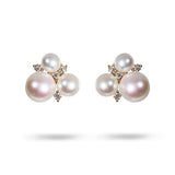 TRIPLE FRESH WATER PEARL STUDS WITH DIAMONDS IN YELLOW GOLD - 