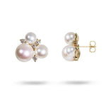 TRIPLE FRESH WATER PEARL STUDS WITH DIAMONDS IN YELLOW GOLD - 