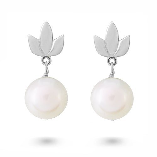 LOTUS DROP EARRINGS WITH WHITE PEARL IN 14K WHITE GOLD - 