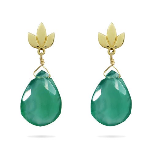 LOTUS DROP STUDS WITH GREEN ONYX IN YELLOW GOLD - EARRINGS