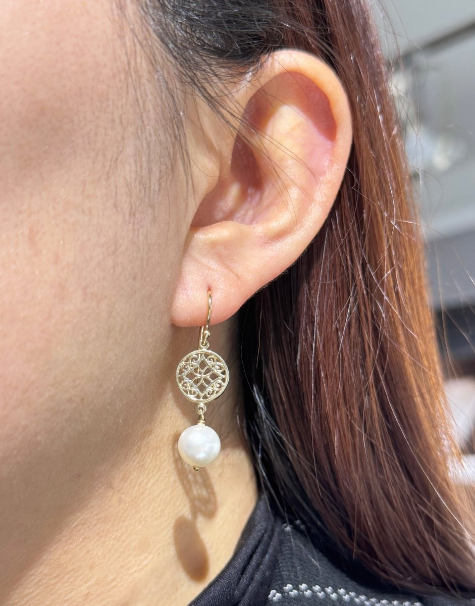 FILIGREE DROP EARRINGS WITH FRESHWATER PEARLS - EARRINGS