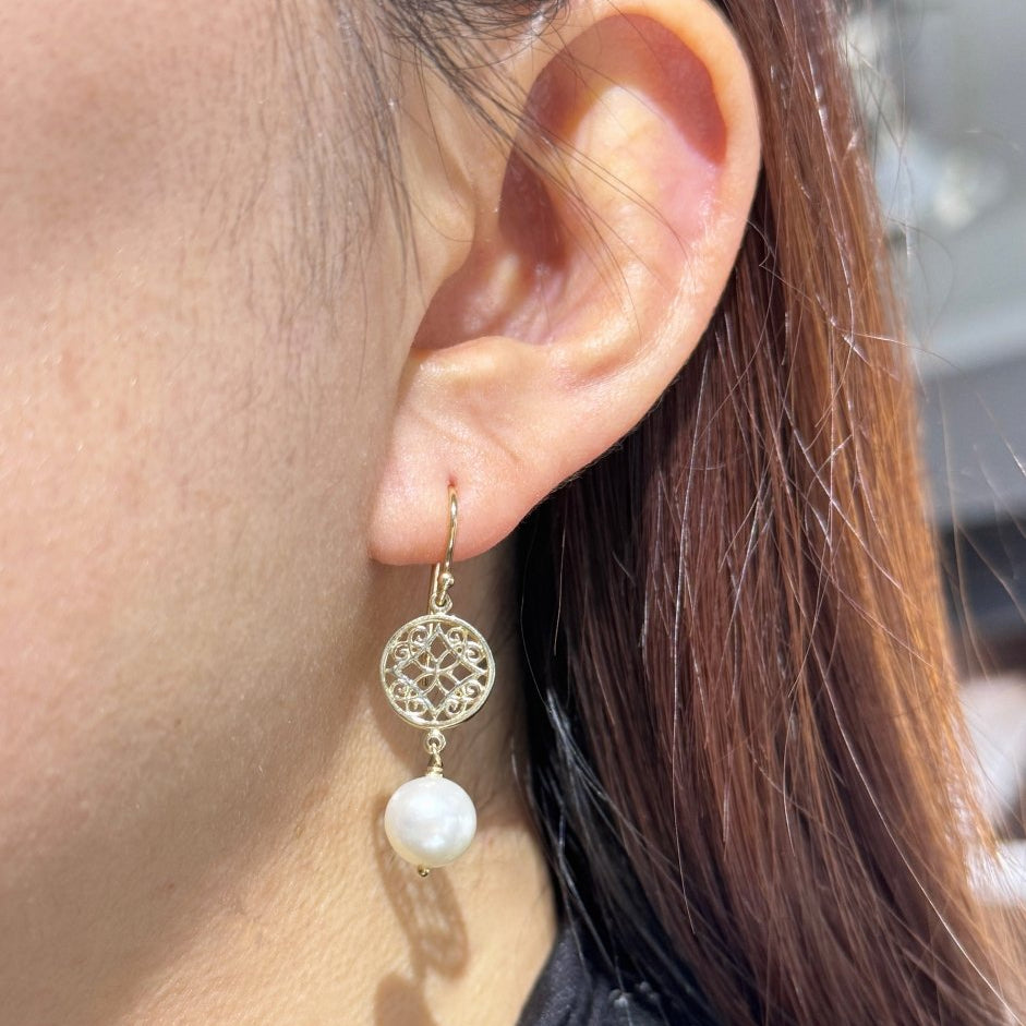 FILIGREE DROP EARRINGS WITH FRESHWATER PEARLS - EARRINGS