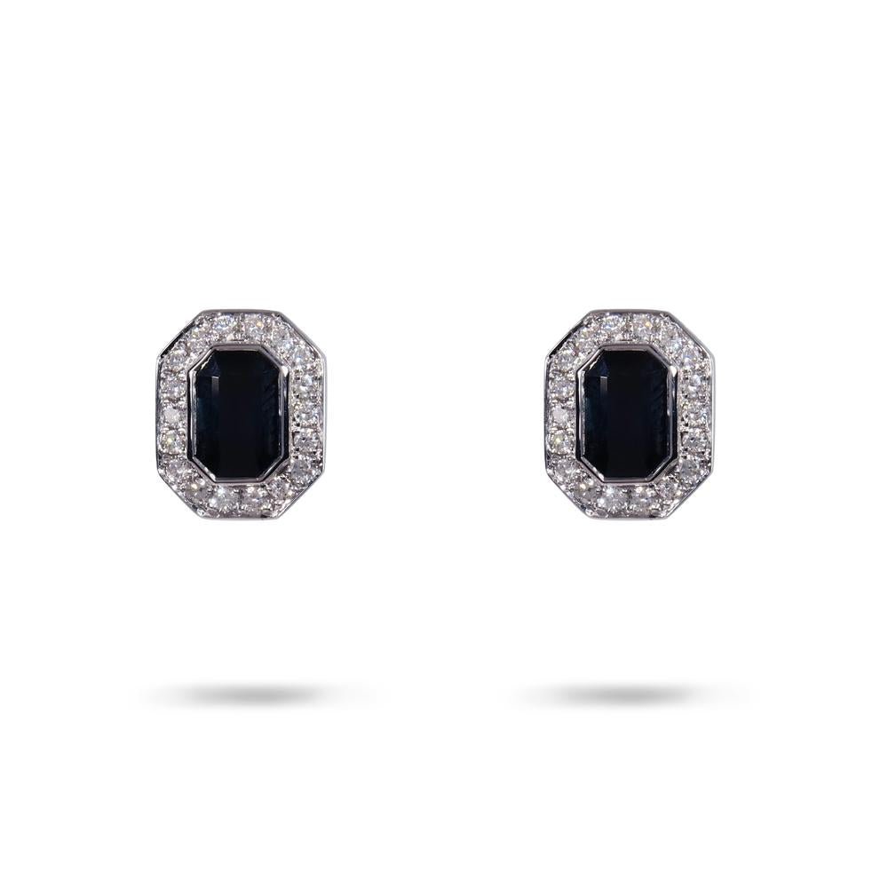 BLUE SAPPHIRE & DIAMOND HALO STUD EARRINGS IN 14K WHITE GOLD - EARRINGS