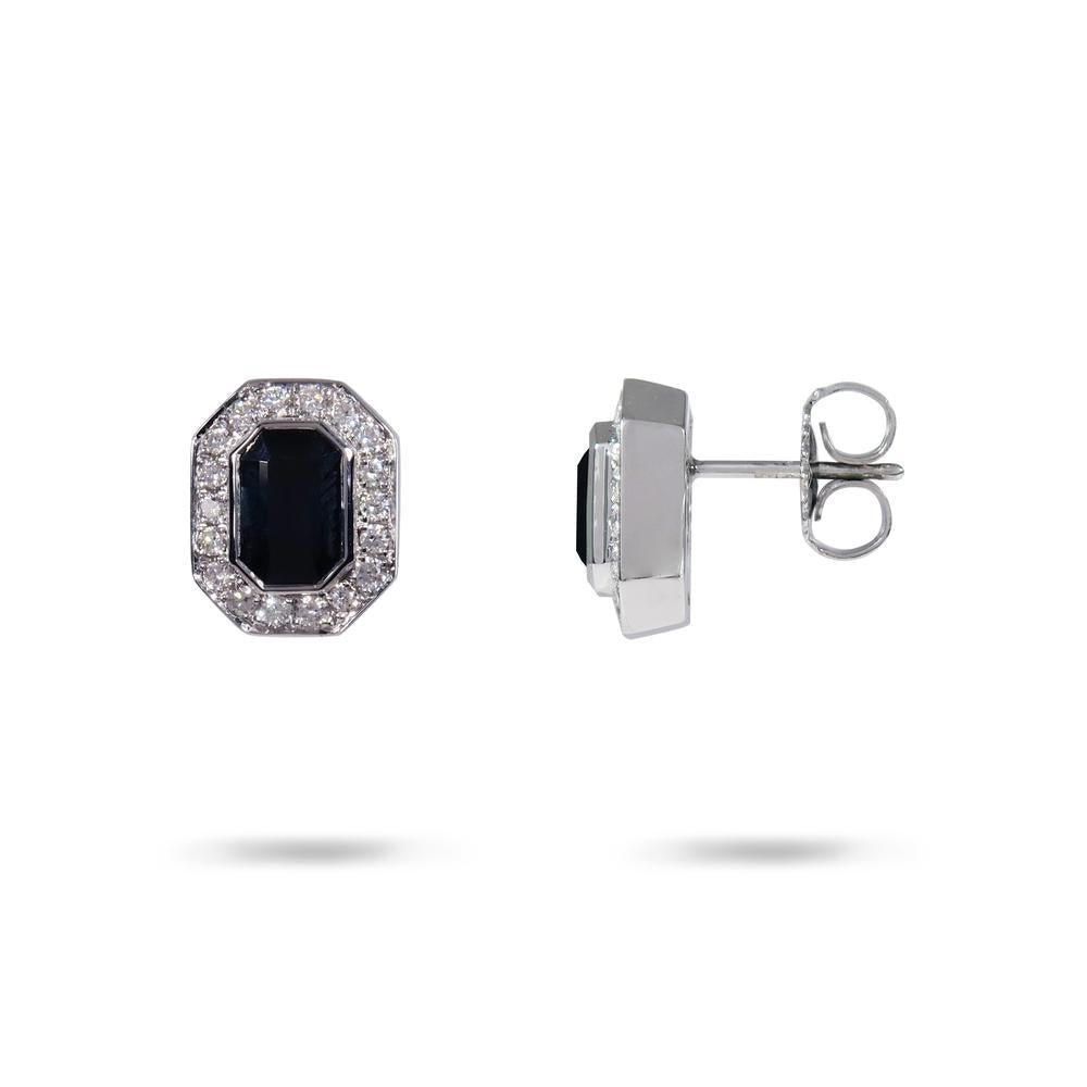 BLUE SAPPHIRE & DIAMOND HALO STUD EARRINGS IN 14K WHITE GOLD - EARRINGS