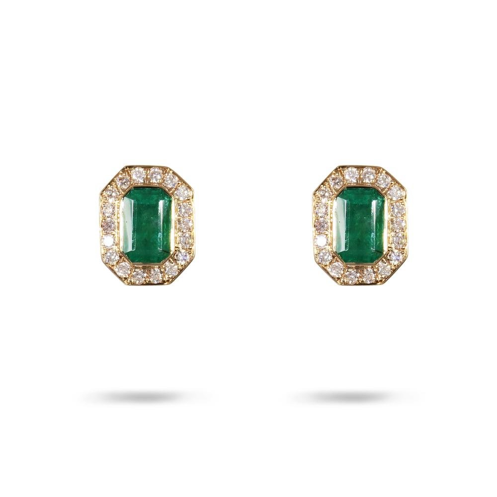 EMERALD & DIAMOND HALO STUD EARRINGS IN 18K YELLOW GOLD - EARRINGS