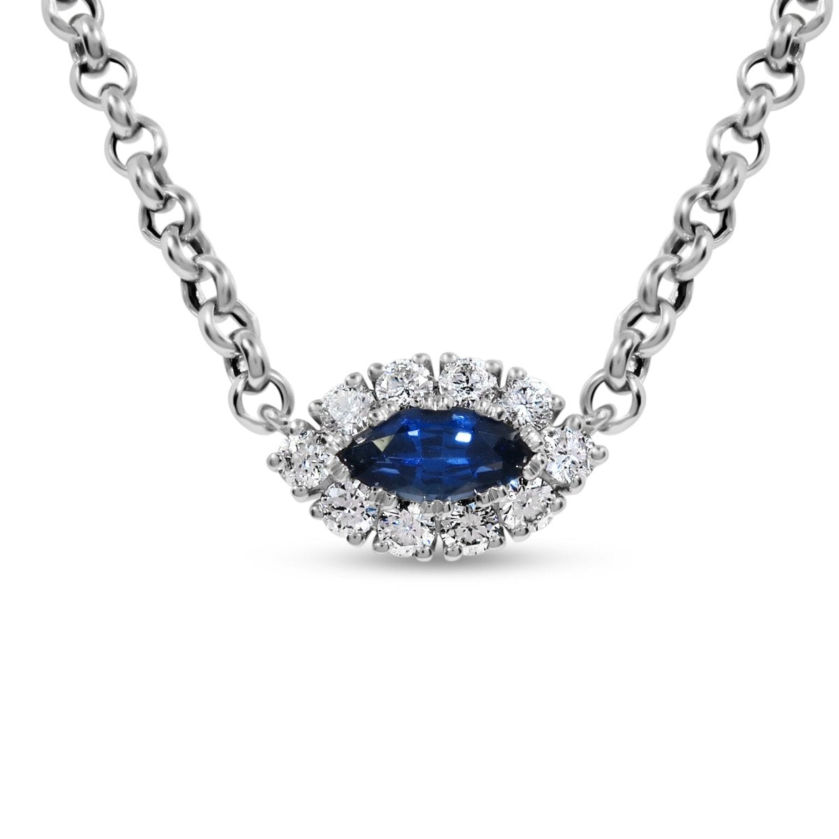 MARQUISE BLUE SAPPHIRE HALO NECKLACE IN 14K WHITE GOLD - NECKLACES