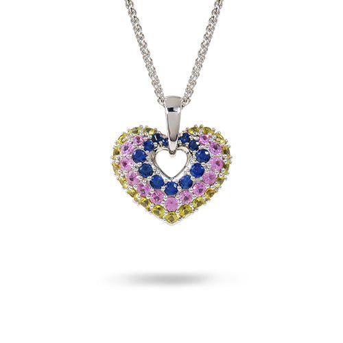 YELLOW PINK BLUE SAPPHIRE HEART NECKLACE - 