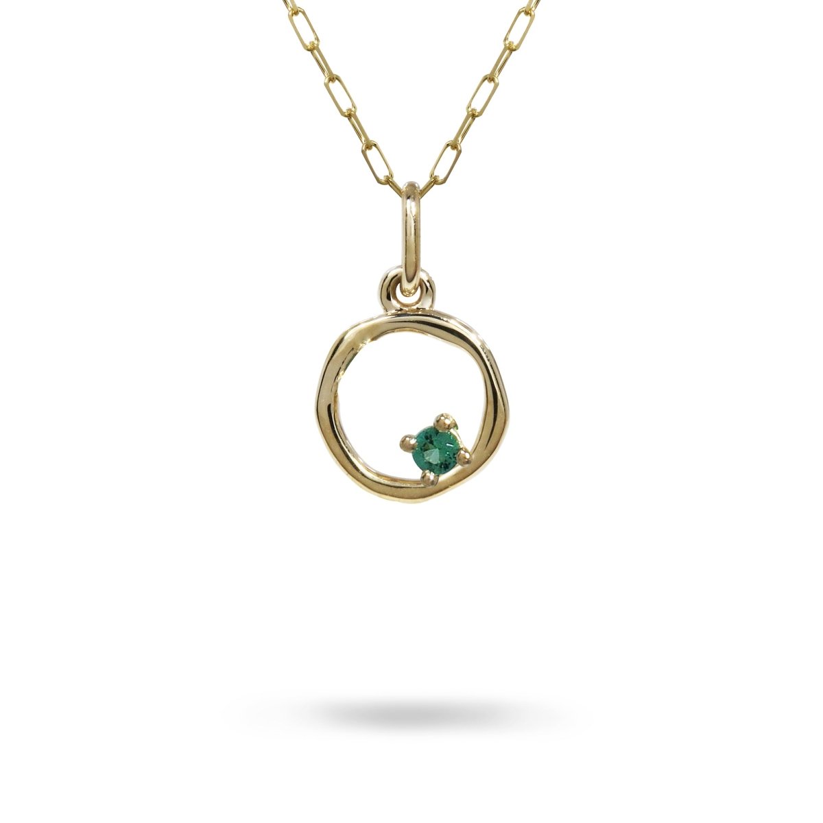 12MM ORGANIC CIRCLE WITH EMERALD IN 14K YELLOW GOLD RIGHT - NECKLACES