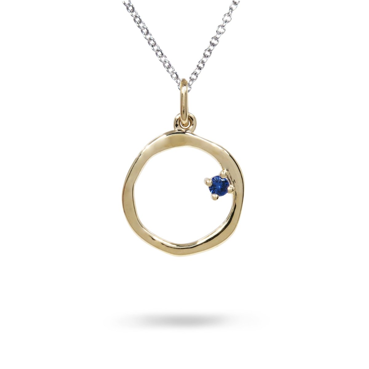 15MM ORGANIC CIRCLE WITH BLUE SAPPHIRE IN YELLOW GOLD WITH STERLING SILVER CHAIN - NECKLACES