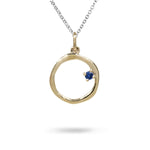 15MM ORGANIC CIRCLE WITH BLUE SAPPHIRE IN YELLOW GOLD WITH STERLING SILVER CHAIN - NECKLACES