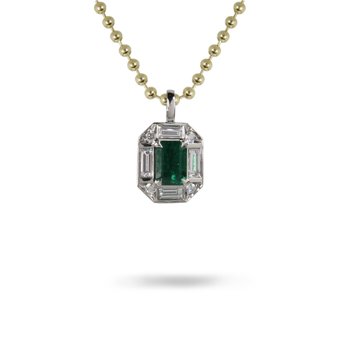 PLATINUM EMERALD LUXE PENDANT WITH 14K YELLOW GOLD BEAD CHAIN - NECKLACES