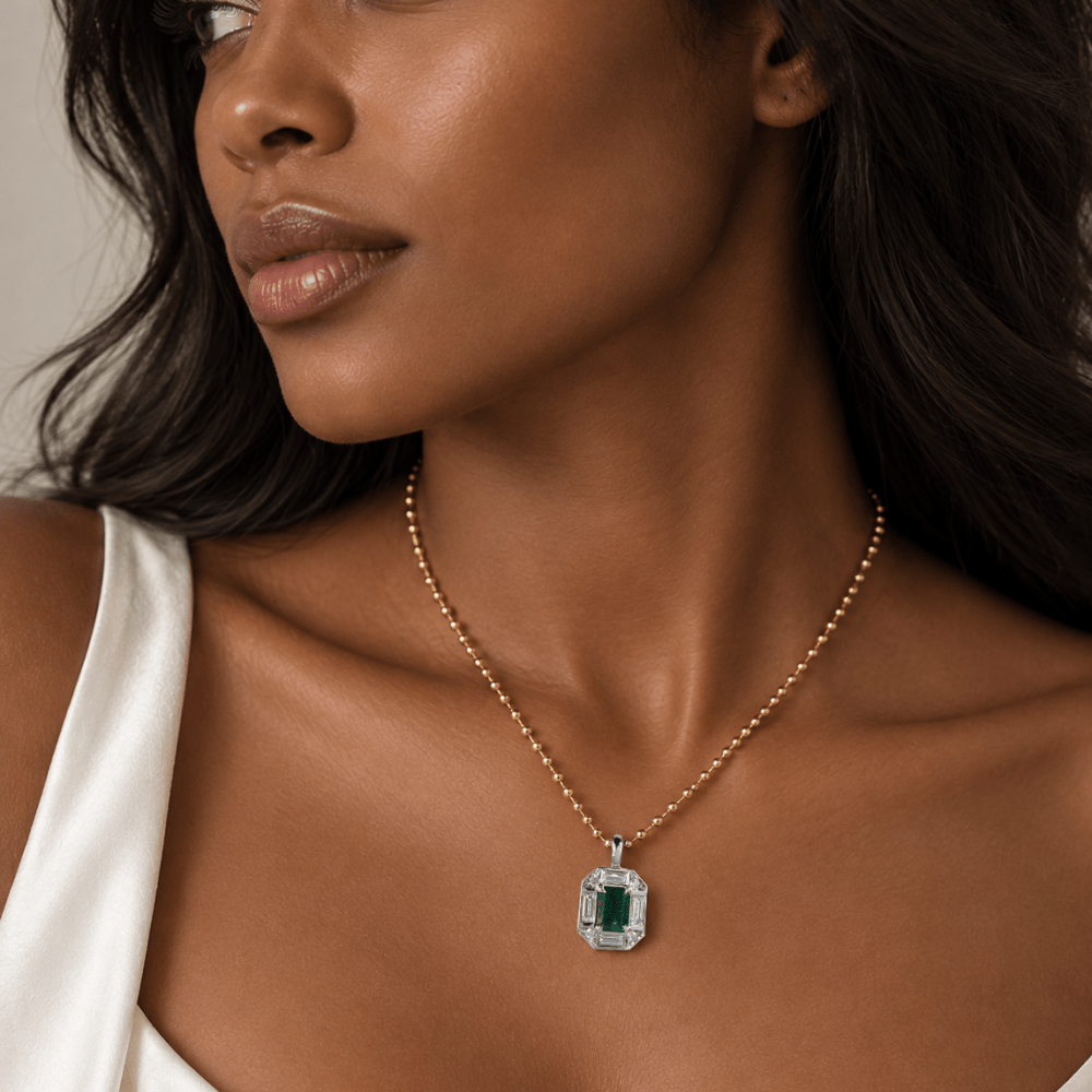 PLATINUM EMERALD LUXE PENDANT WITH 14K YELLOW GOLD BEAD CHAIN - NECKLACES
