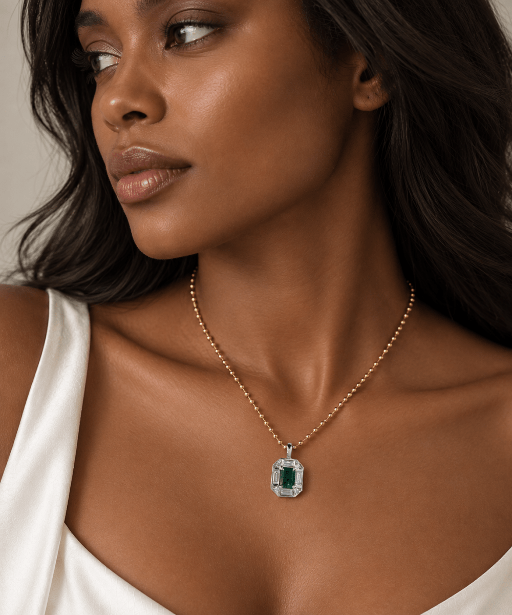 PLATINUM EMERALD LUXE PENDANT WITH 14K YELLOW GOLD BEAD CHAIN - NECKLACES