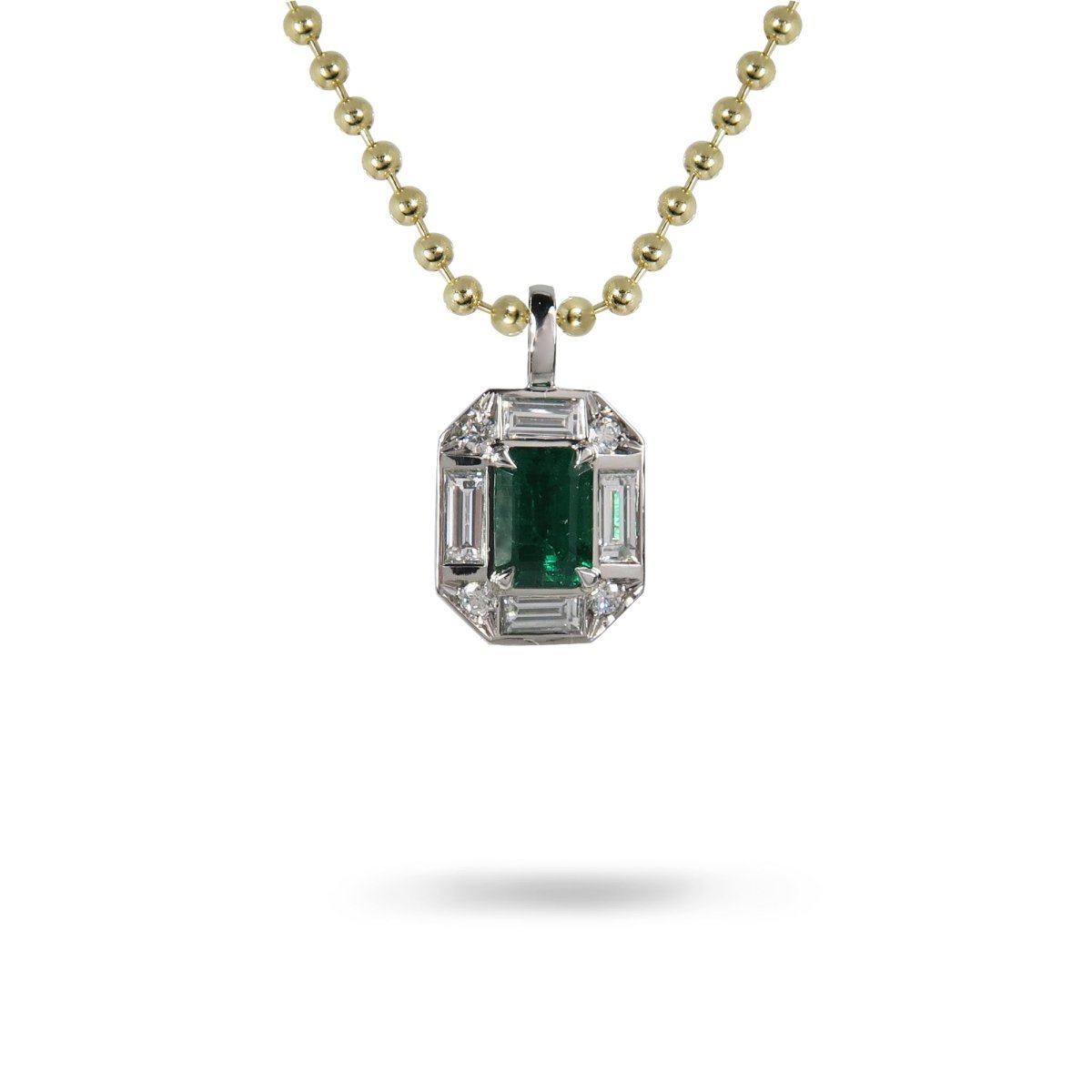 PLATINUM EMERALD LUXE PENDANT WITH 14K YELLOW GOLD BEAD CHAIN - NECKLACES