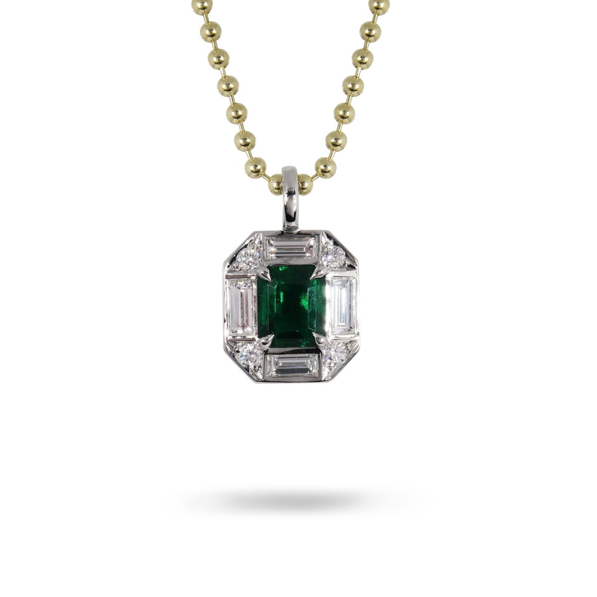 PLATINUM EMERALD LUXE PENDANT WITH 14K YELLOW GOLD BEAD CHAIN - 