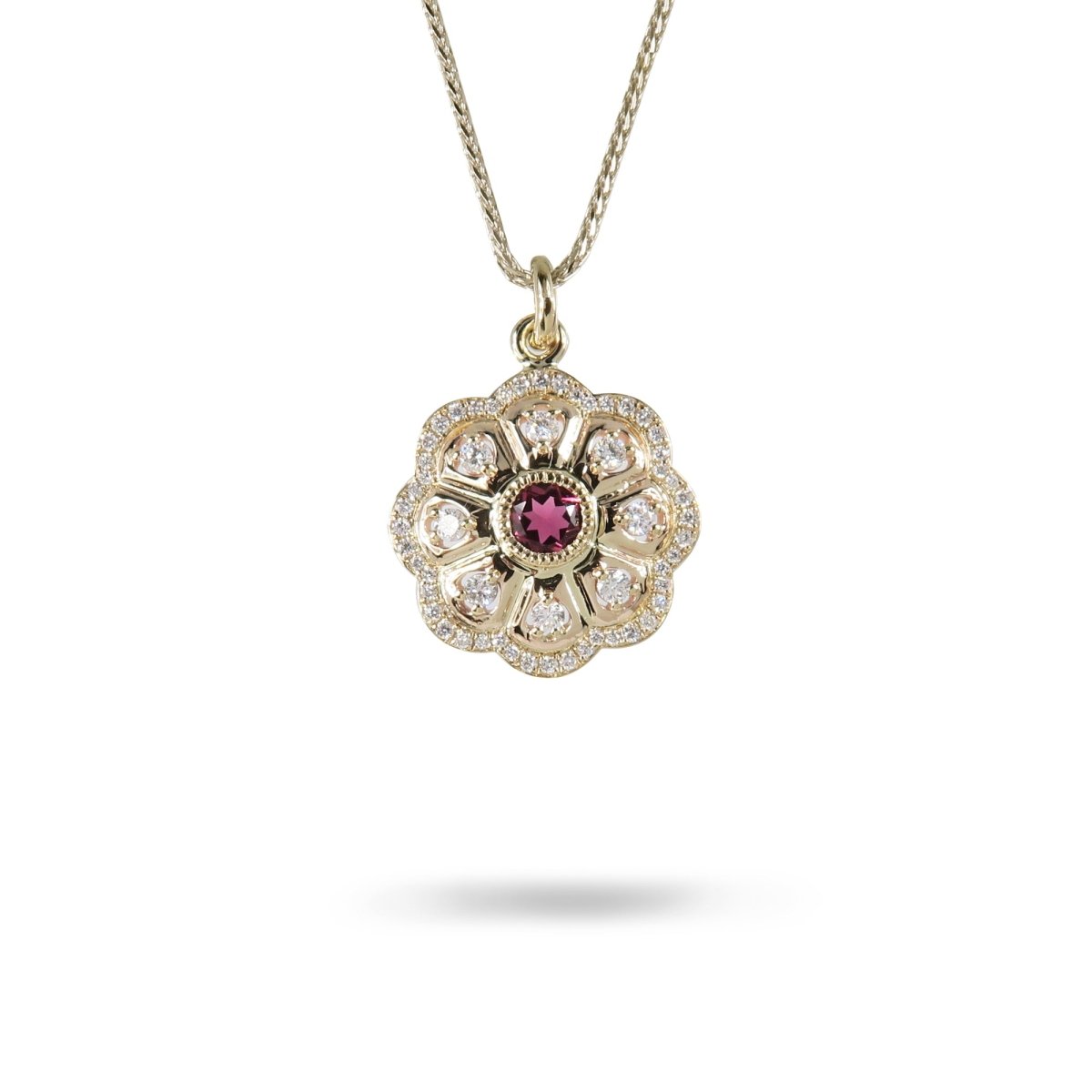 ROSE WINDOW RUBELITTE NECKLACE IN 14K YELLOW GOLD - NECKLACES