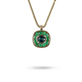 EMERALD HALO BLUE SAPPHIRE PENDANT IN 14K YELLOW GOLD