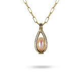 PEARL & DIAMOND PAVE TEARDROP CAGE NECKLACE IN 14K YELLOW GOLD