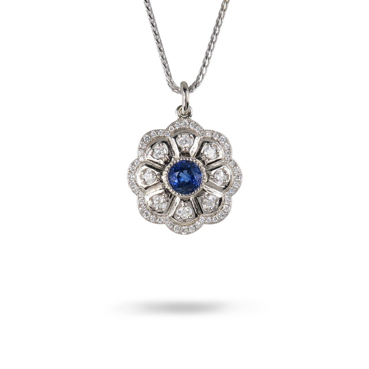 ROSE WINDOW BLUE SAPPHIRE NECKLACE IN 14K WHITE GOLD - NECKLACES