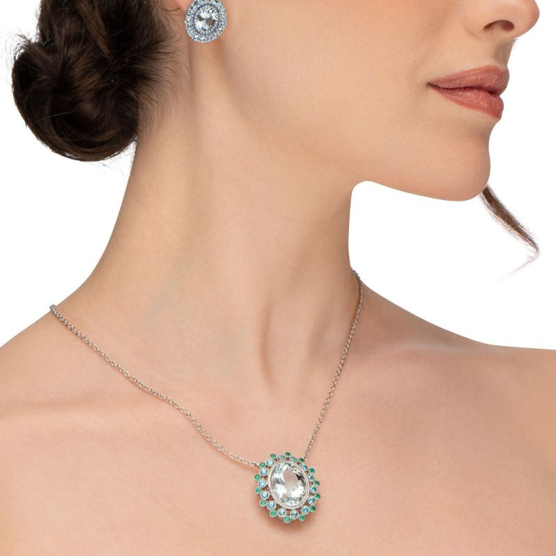 MARIGOLD PENDANT IN AQUAMARINE & BLUE ZIRCON AND EMERALD - NECKLACES