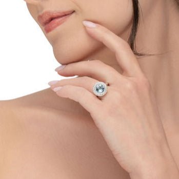 LOTUS BEZEL RING WITH AQUAMARINE & DIAMOND HALO - ANNIVERSARY & CELEBRATION RINGS