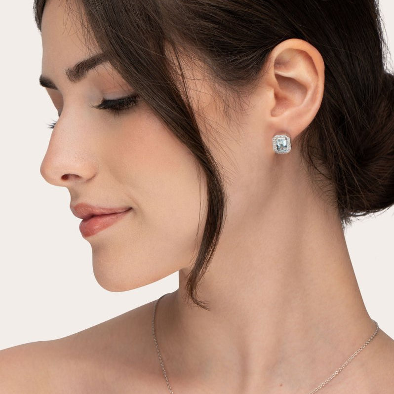 AQUAMARINE & DIAMOND HALO STUD EARRINGS - EARRINGS
