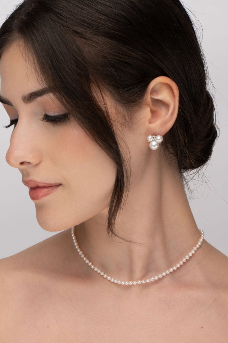 TRIPLE FRESH WATER PEARL STUDS WITH DIAMONDS IN WHITE GOLD - Earrings