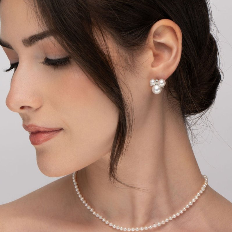 TRIPLE FRESH WATER PEARL STUDS WITH DIAMONDS IN WHITE GOLD - Earrings