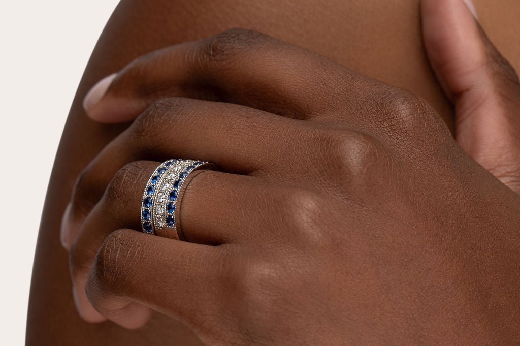 JUBILEE WEDDING RING IN WHITE GOLD WITH BLUE SAPPHIRES - ALL RINGS