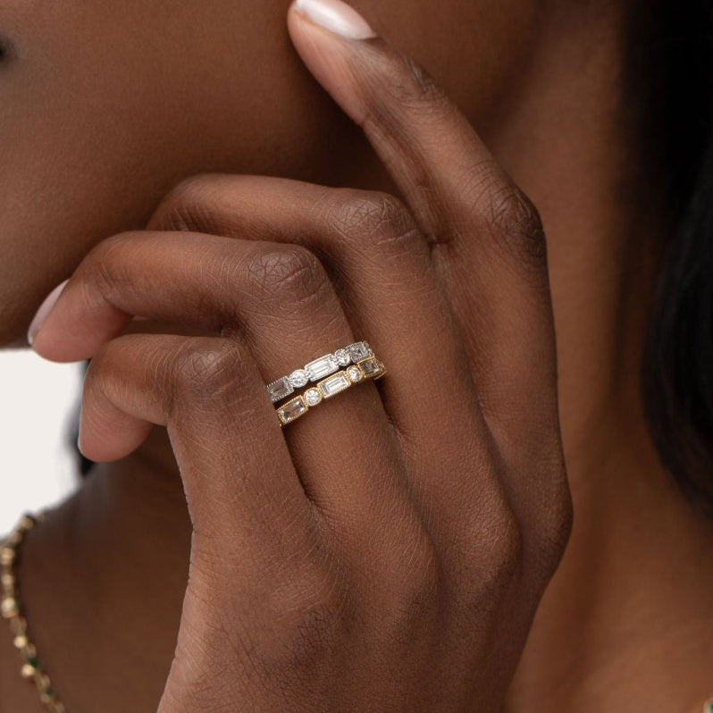 BAQUETTE AND ROUND FULL ETERNITY BAND IN YELLOW GOLD - ALL RINGS