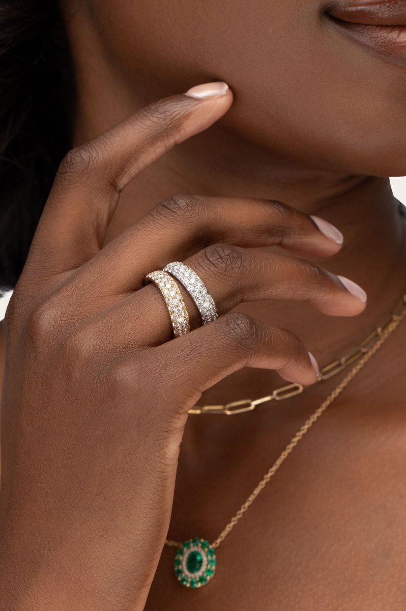 THREE ROW PAVÉ RING IN YELLOW GOLD WITH DIAMONDS - ANNIVERSARY & CELEBRATION RINGS