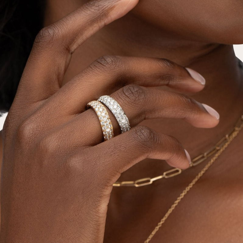 THREE ROW PAVÉ RING IN YELLOW GOLD WITH DIAMONDS - ANNIVERSARY & CELEBRATION RINGS