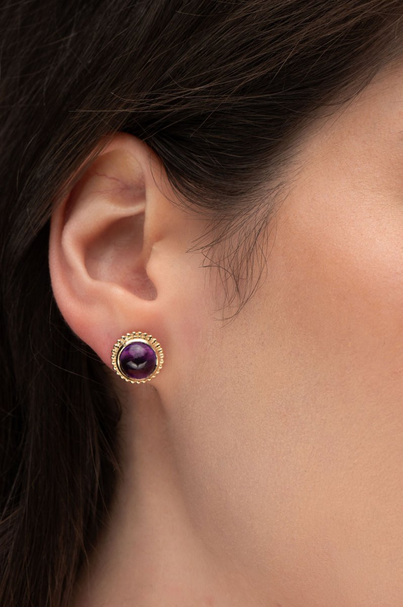 TESSA CABOCHON STYLE STUD EARRINGS WITH AMETHYST - EARRINGS