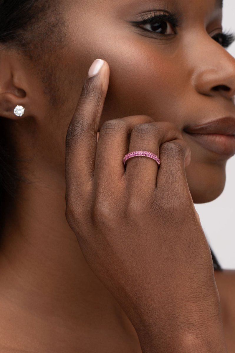 THREE ROW STAGGERED RING WITH PINK SAPPHIRES - ANNIVERSARY & CELEBRATION RINGS