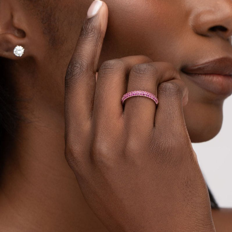 THREE ROW STAGGERED RING WITH PINK SAPPHIRES - ANNIVERSARY & CELEBRATION RINGS