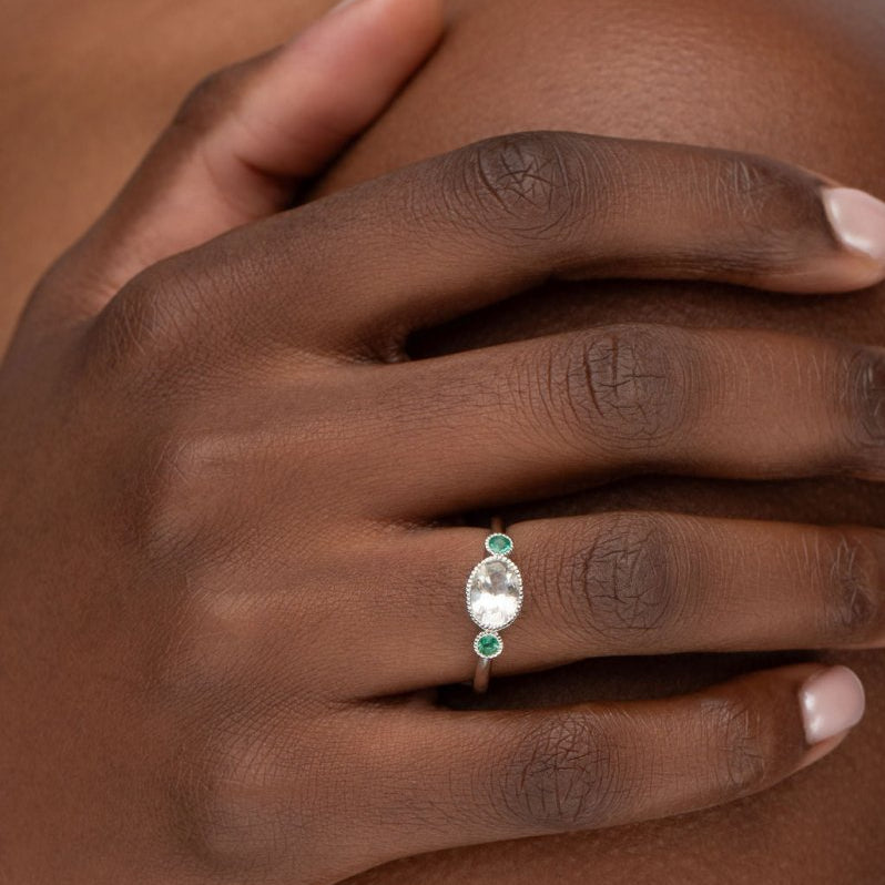 OVAL LIGHT YELLOW SAPPHIRE WITH EMERALD RING IN PLATINUM - 
