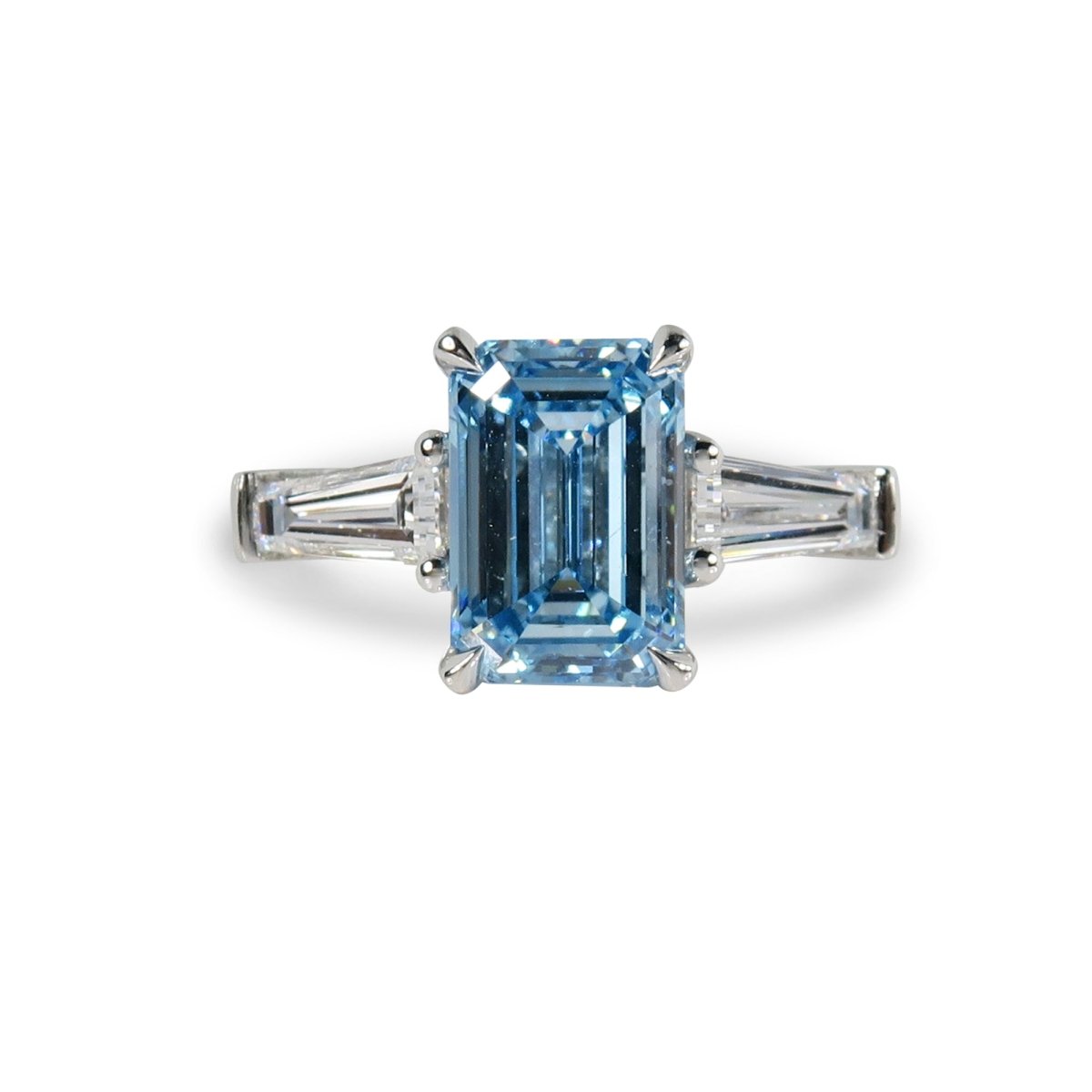 CUSTOM LAB-GROWN FANCY BLUE DIAMOND & DIAMOND THREE-STONE ENGAGEMENT RING IN PLATINUM -