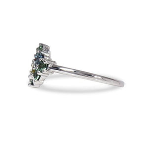 CLUSTERED RING IN 14 KARAT WHITE GOLD WITH BLUE GREEN SAPPHIRE - ALL RINGS