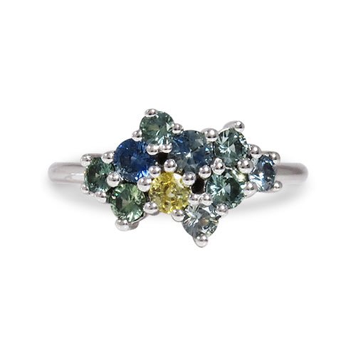 CLUSTERED RING IN 14 KARAT WHITE GOLD WITH BLUE GREEN SAPPHIRE - ALL RINGS