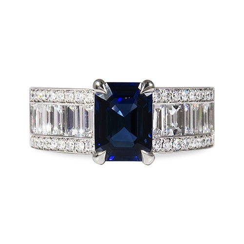 WIDE STEP CUT BLUE SAPPHIRE WITH BAGUETTE CUT DIAMOND RING - ALL RINGS