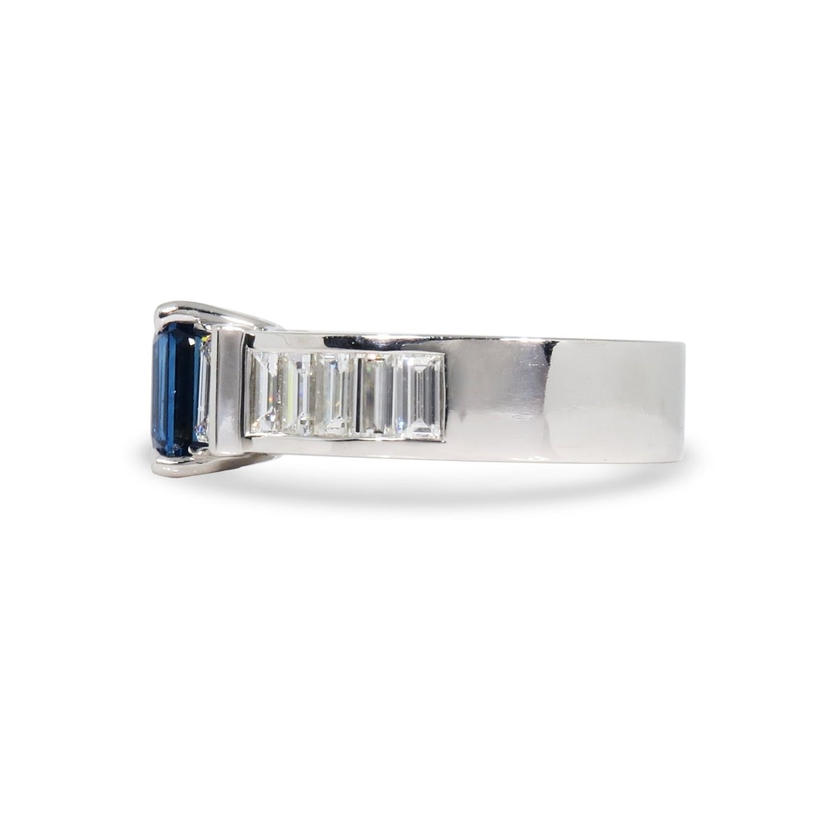 EMERALD CUT BLUE SAPPHIRE WITH BAGUETTE AND EMERALD CUT DIAMOND RING - ALL RINGS