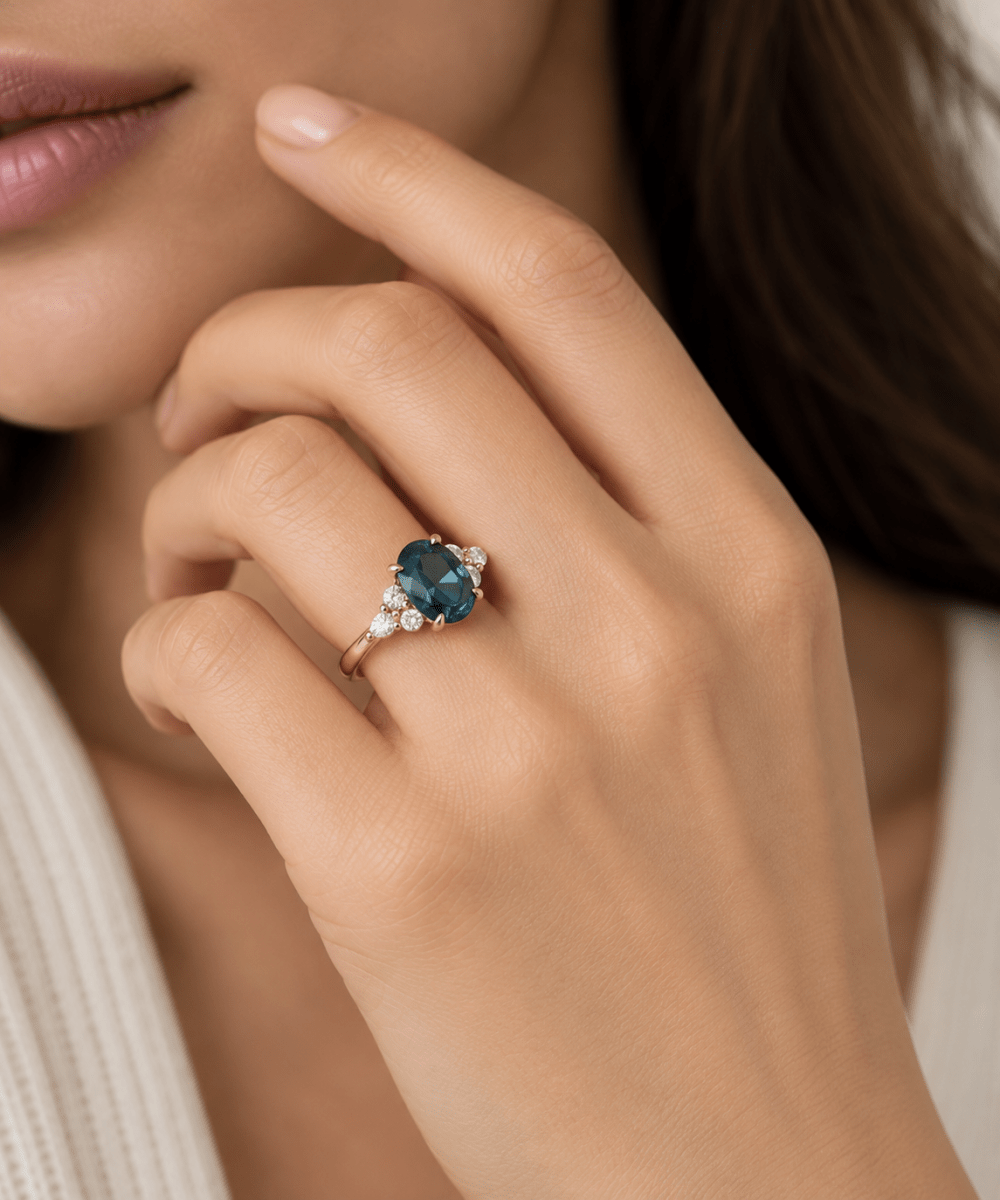 OVAL MONTANA SAPPHIRE DIAMOND RING IN 14K YELLOW GOLD - Rings