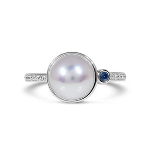 AKOYA PEARL AND BLUE SAPPHIRE HALF ETERNITY RING IN 14 KARAT WHITE GOLD - ALL RINGS